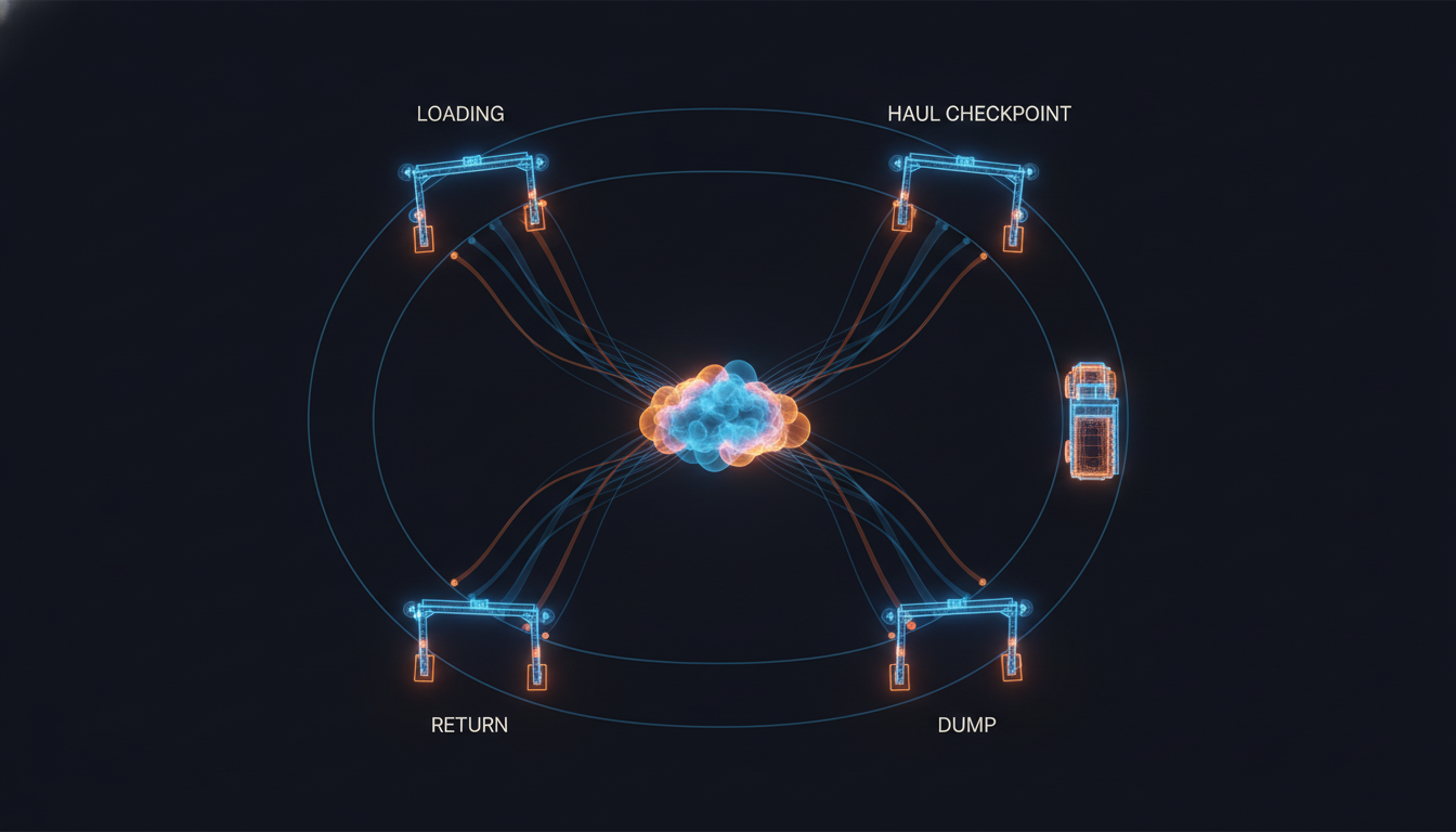 Sirkuit empat gantry: Loading, Haul checkpoint, Dump, Return, dengan data mengalir ke cloud