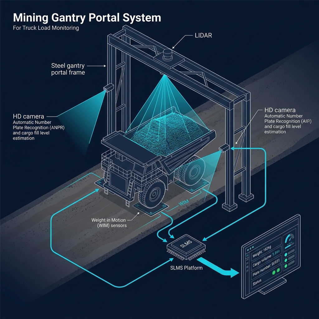 Diagram gantry portal: rangka baja, LIDAR, kamera HD (ANPR), dan sensor Weight-in-Motion di sekitar truk